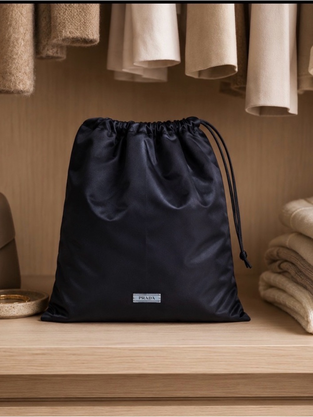 Prada deep navy blue black satin Drawstring Dust Bag Storage Pouch 14 x 13
